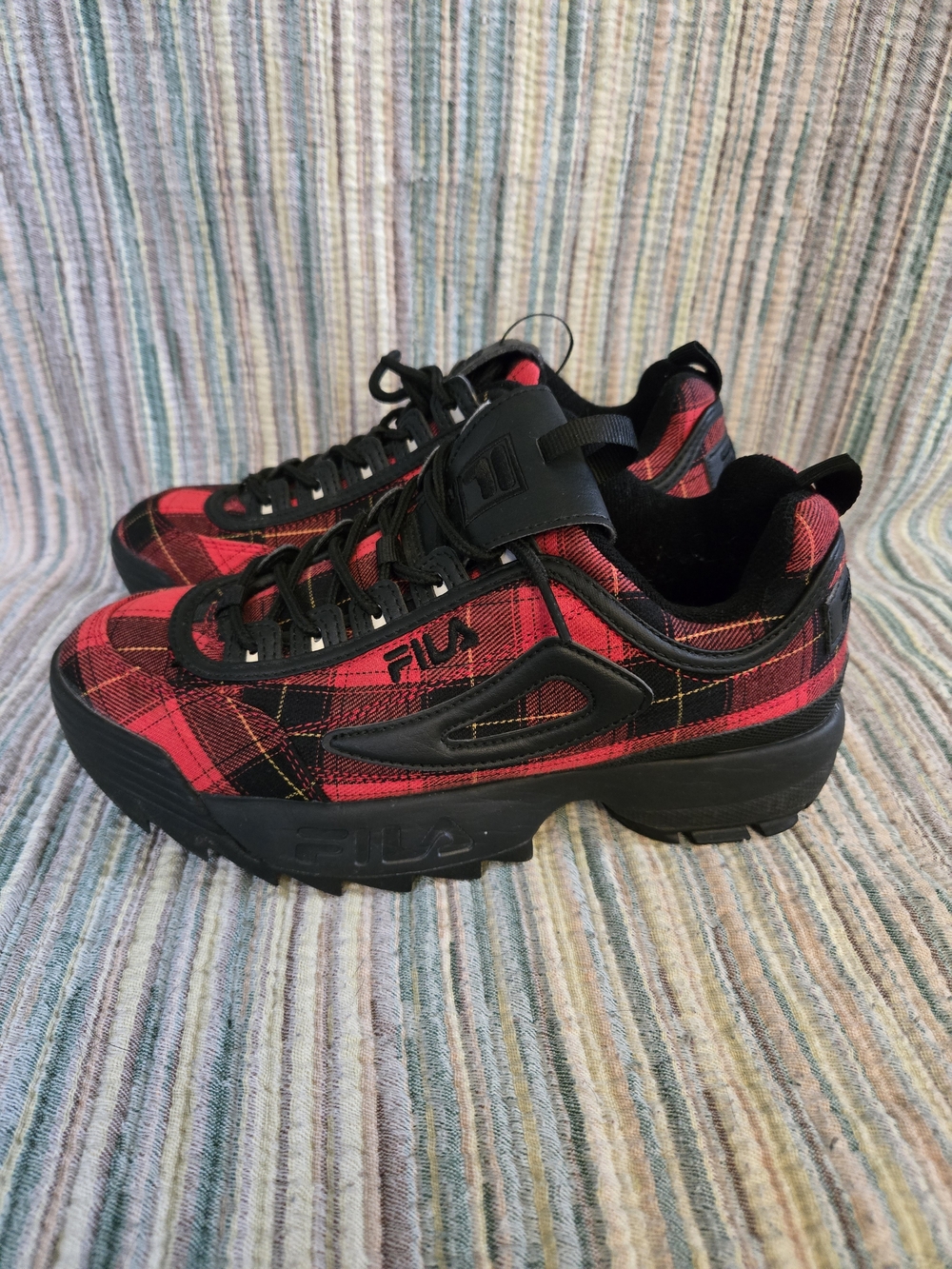 FILA Disruptor II Plaid Platform Sneakers - Red & Black